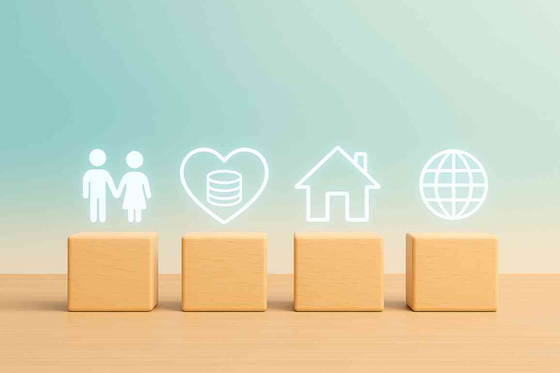 Icons zu Personen, Herz, Haus und Globus